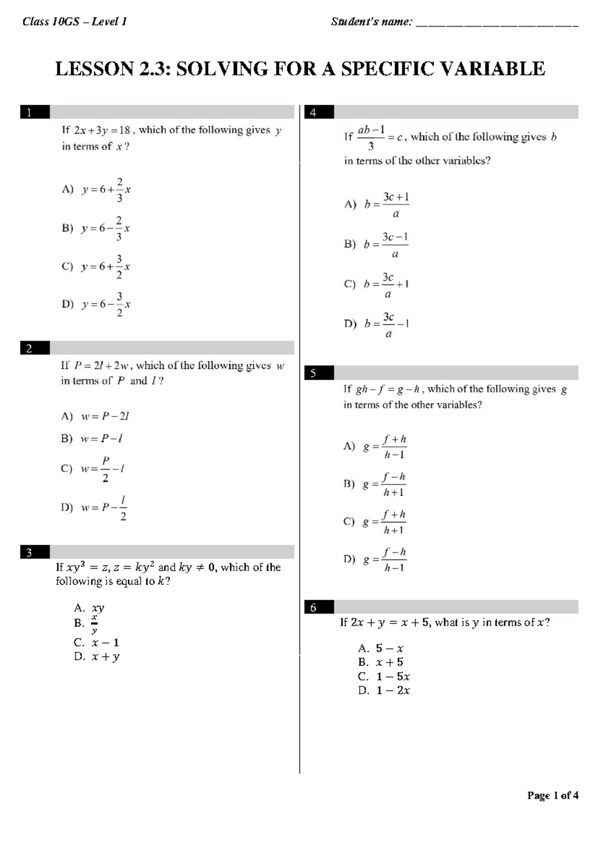 Class 10GS Level 1: Lesson 2.3 - Solving for Specific Variables - Studocu