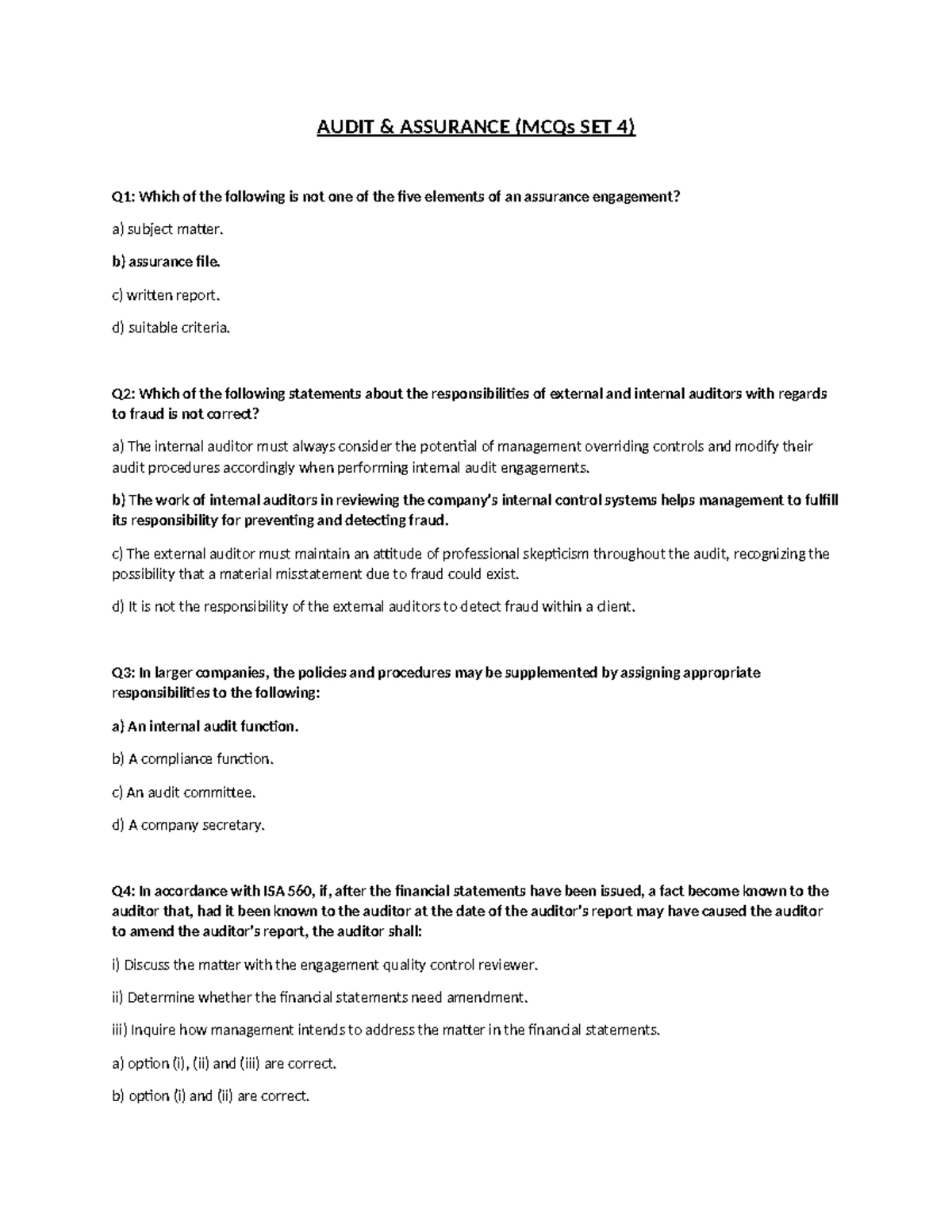 AUDIT ASSURANCE (AUD 101) MCQs SET 2: Key Concepts & Questions - Studocu