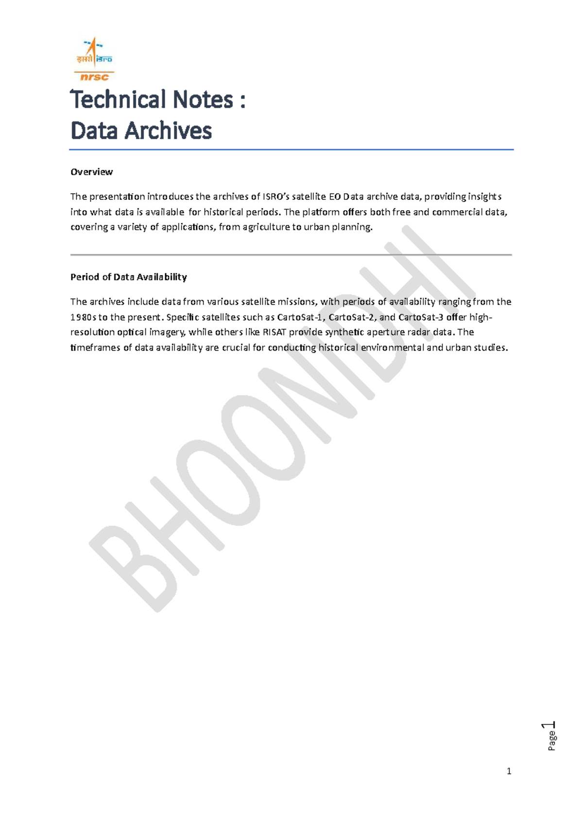 Technical Notes: Overview of Satellite EO Data Archives - Studocu