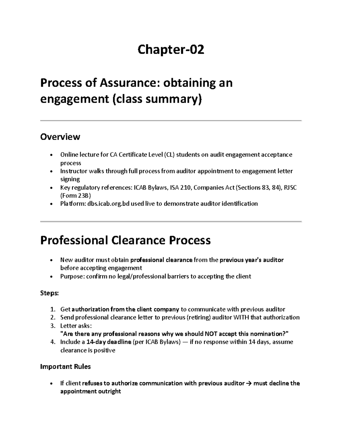 Assurance Chapter 2 Summary: Audit Engagement Process for CA CL - Studocu