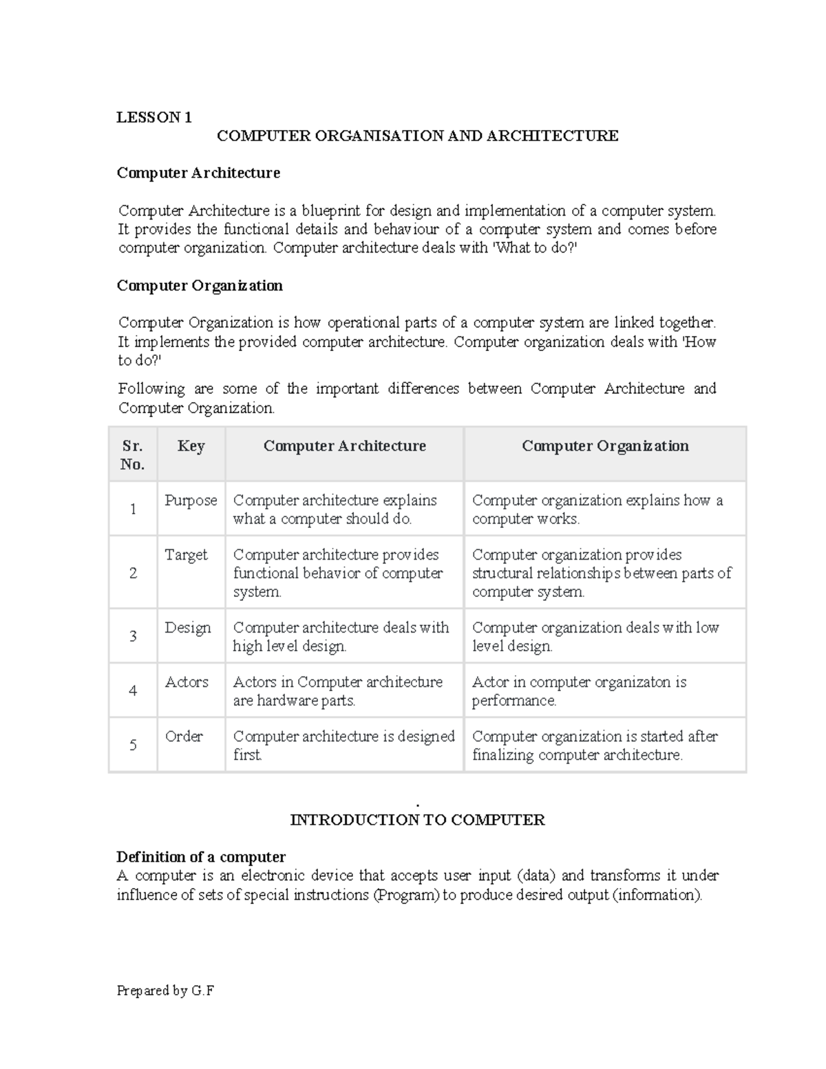 Lesson 1: Computer Organisation and Architecture - Studocu