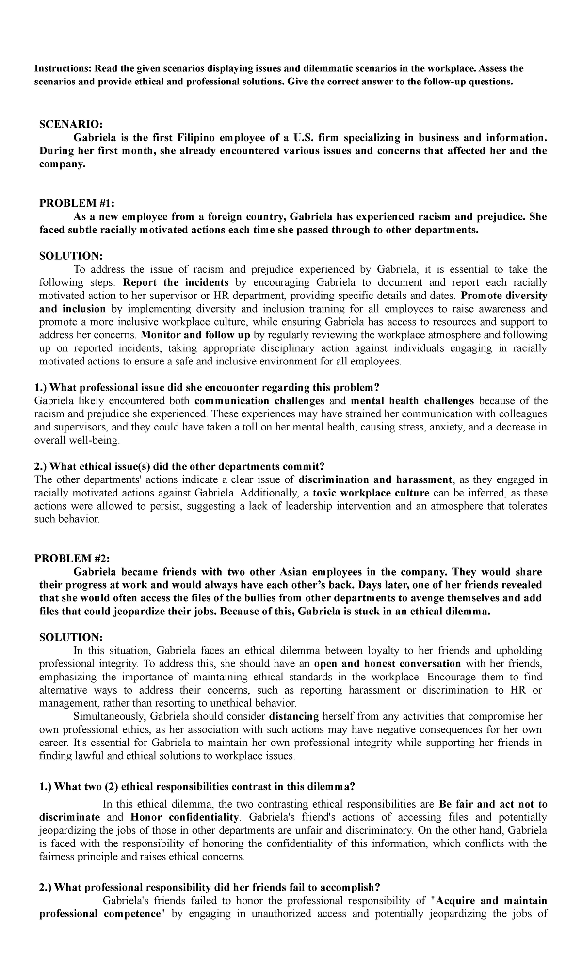 PIIST - Ethical Dilemmas in Workplace Scenarios - Activity 1 - Studocu