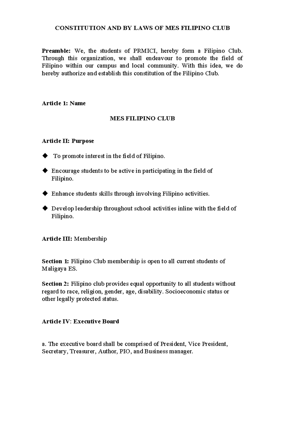 Constitution and By-Laws of MES Filipino Club (PRMICI) - Studocu