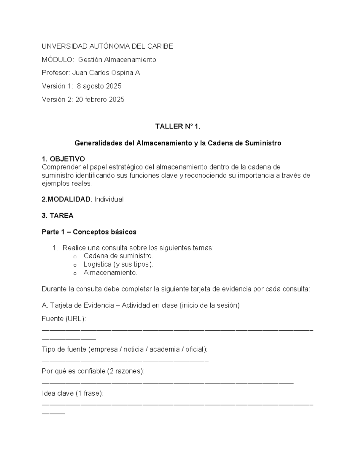 TALLER 1: Gestión de Almacenamiento y Cadena de Suministro - UAC - Studocu