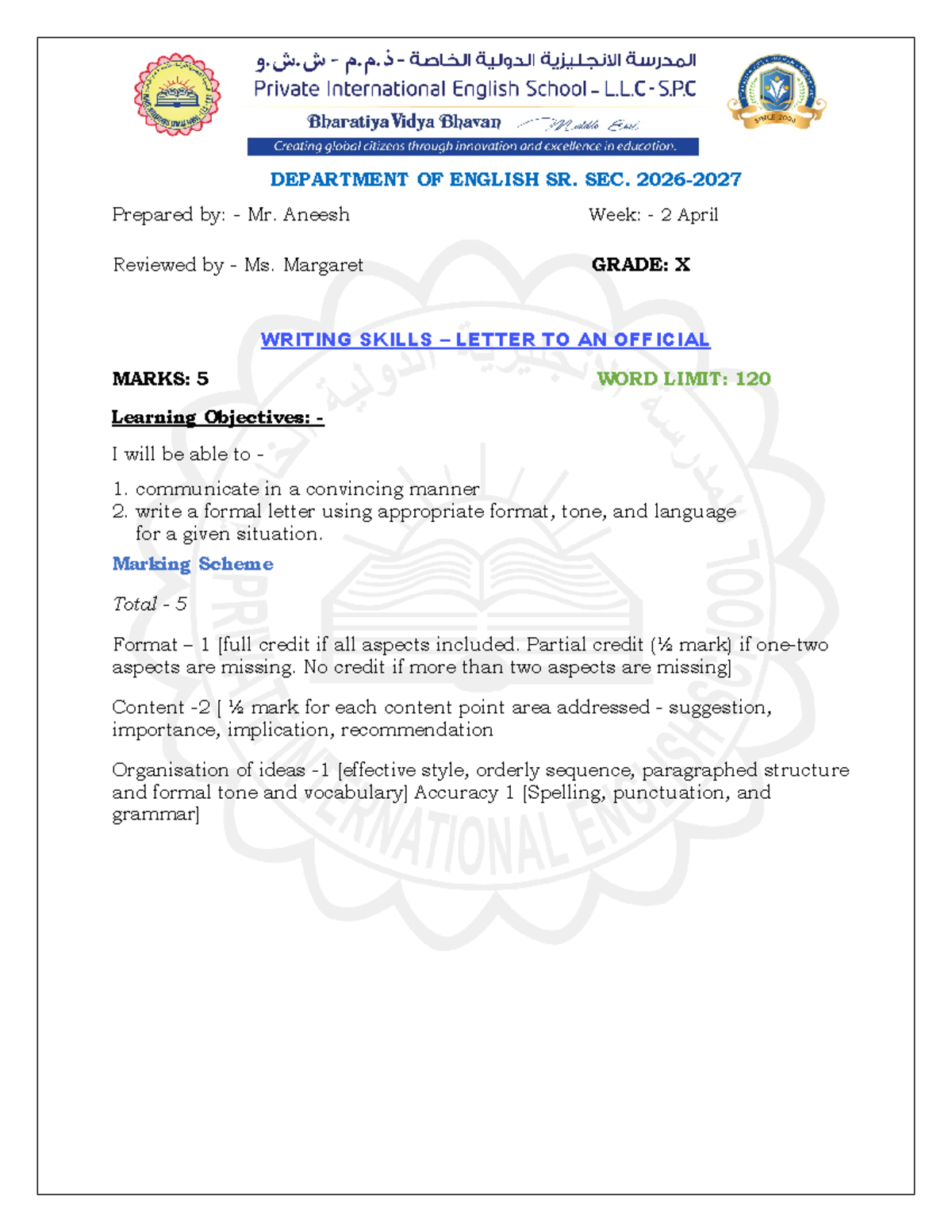 GRADE X ENGLISH WRITING SKILLS: Sample Letter to an Official - Studocu