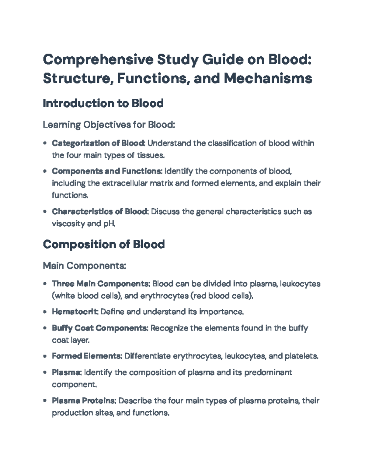 Comprehensive Study Guide on Blood Structure and Functions (BIO101 ...