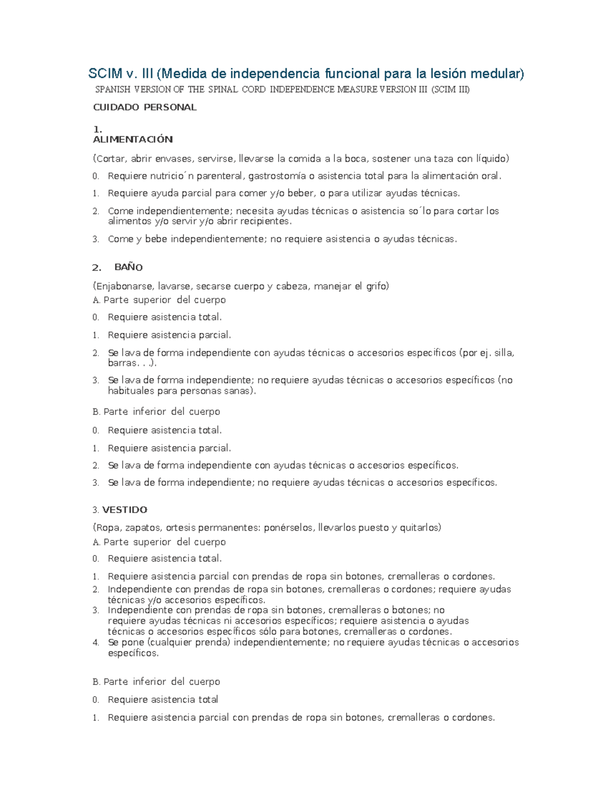 SCIM v III - scim vIII - SCIM v. III (Medida de independencia funcional ...