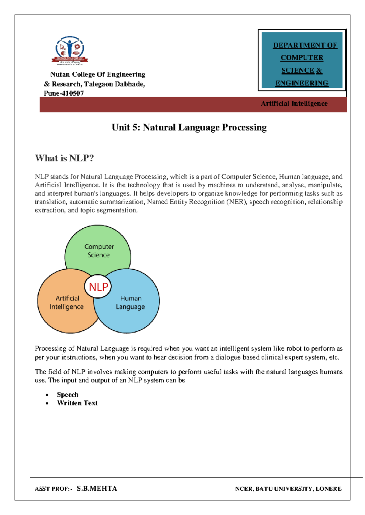 Unit I: Introduction to Artificial Intelligence (AI) Concepts and  Applications - Studocu