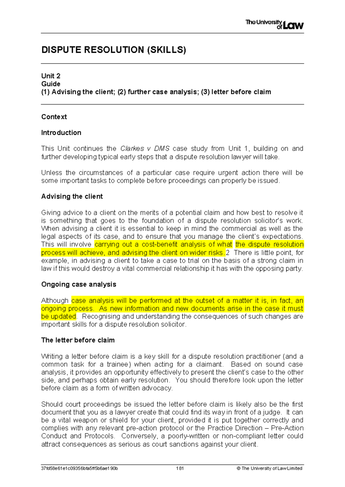 Dispute Resolution (Skills) Unit 2: Advising on Letter Before Claim ...
