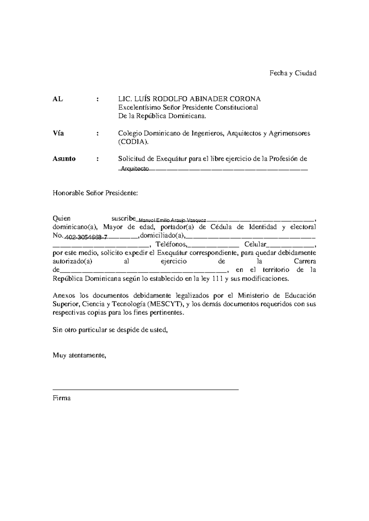 Modelo de Solicitud de Exequátur al Presidente RD - Studocu