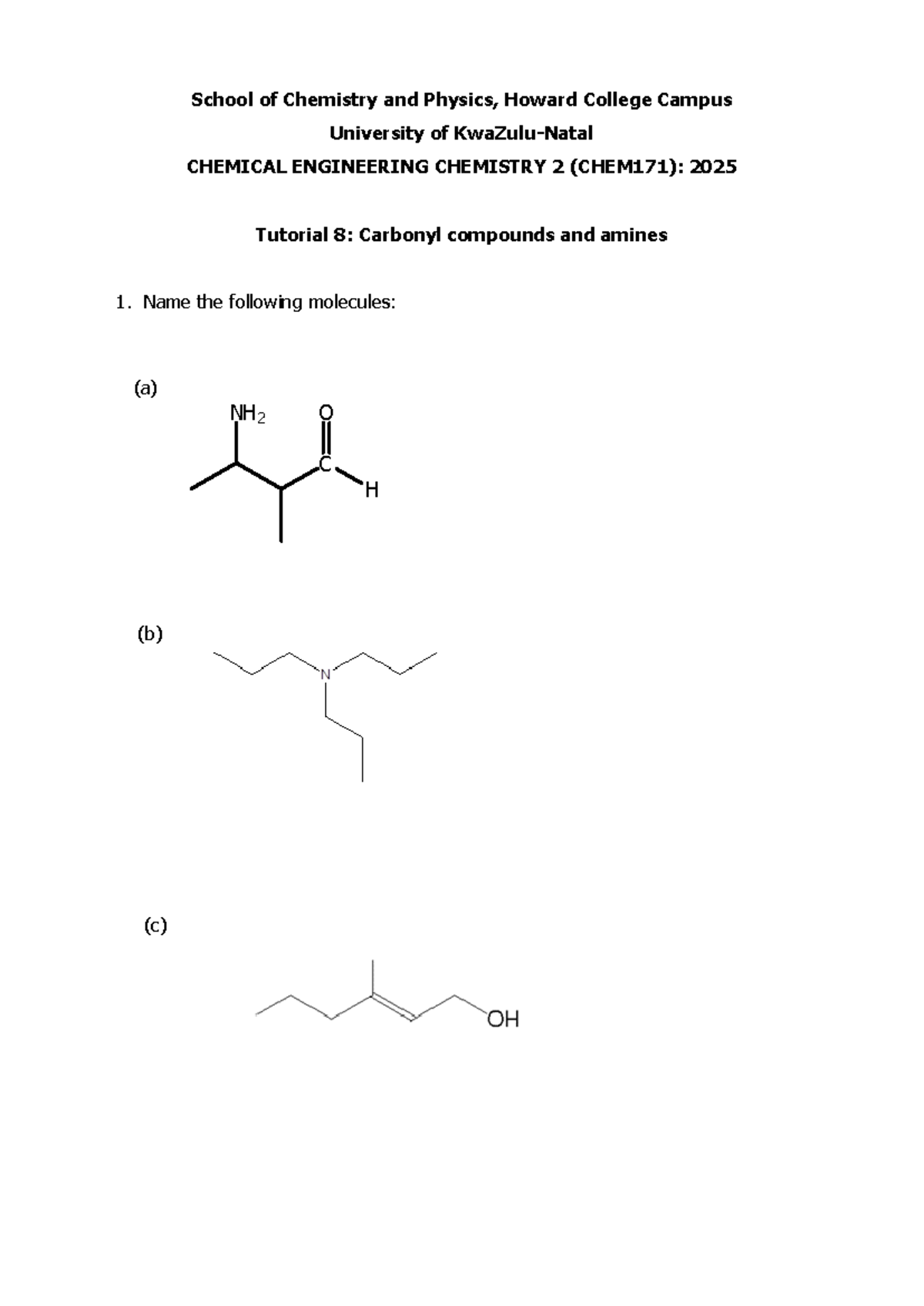 CHEM171: 2025 Tutorial 8 - Carbonyl Compounds & Amines - Studocu