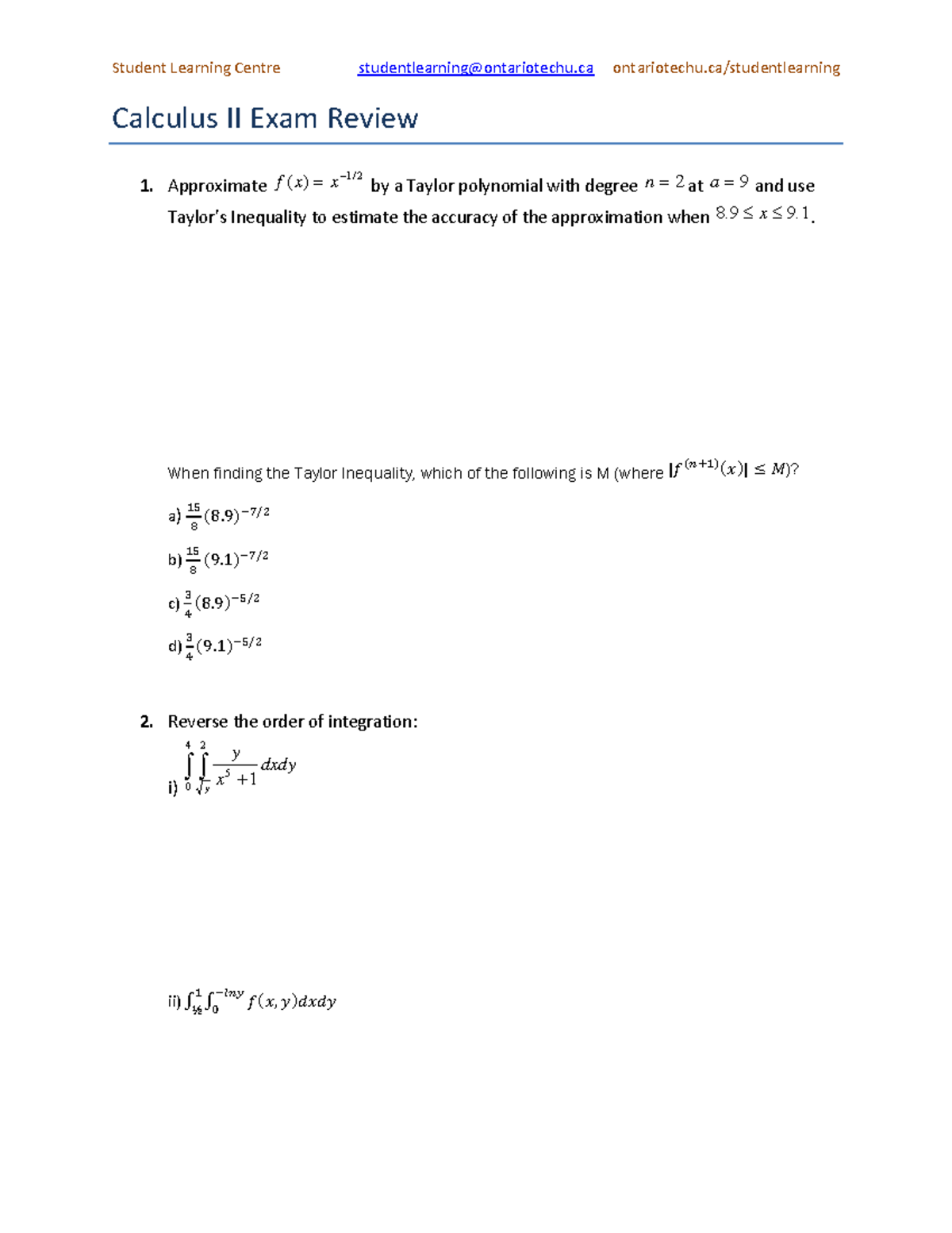 Exam Review: Calculus II (MATH 202) - Taylor Polynomials & Series - Studocu