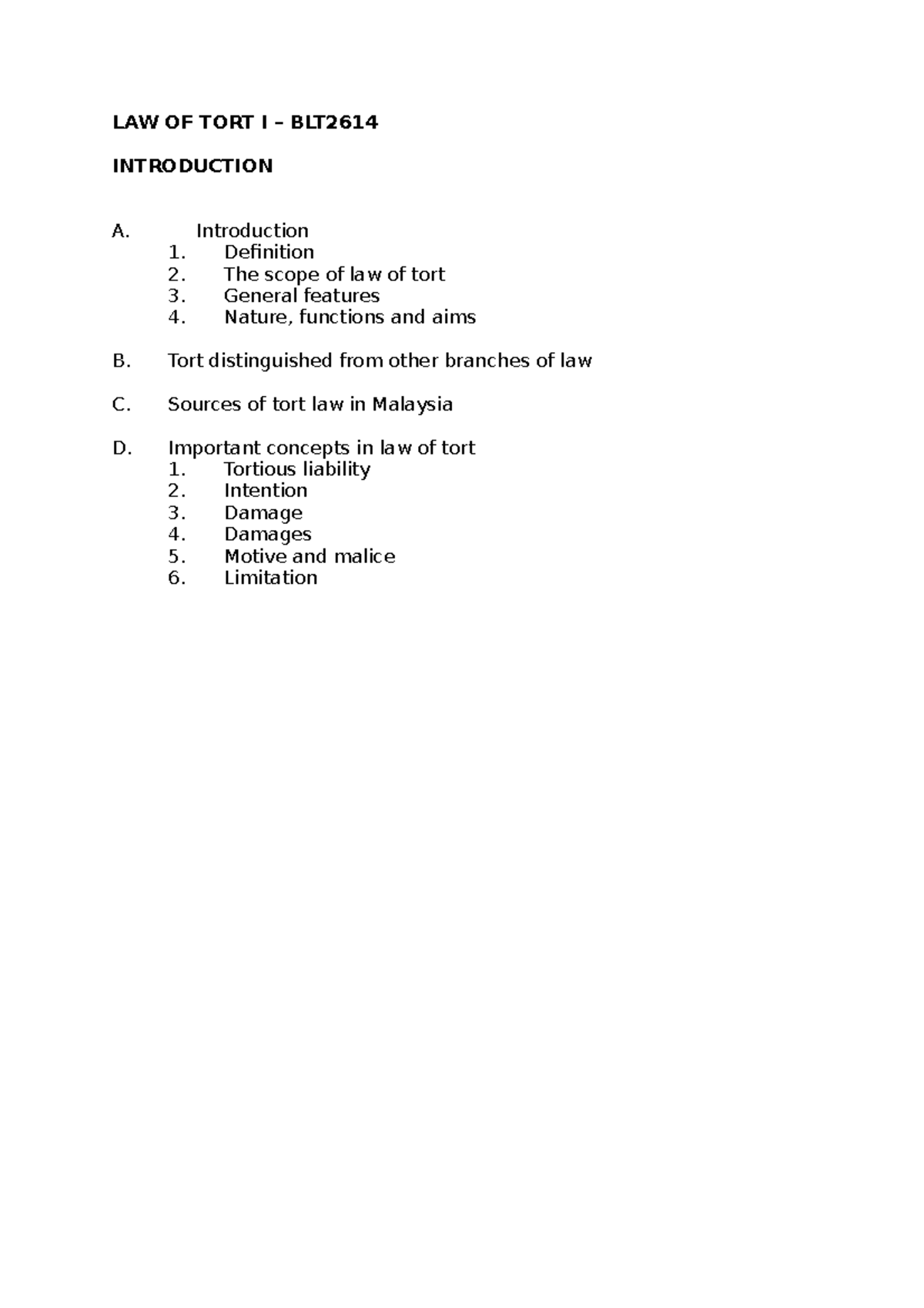 Introduction to Torts Law - LAW OF TORT I – BLT INTRODUCTION A ...