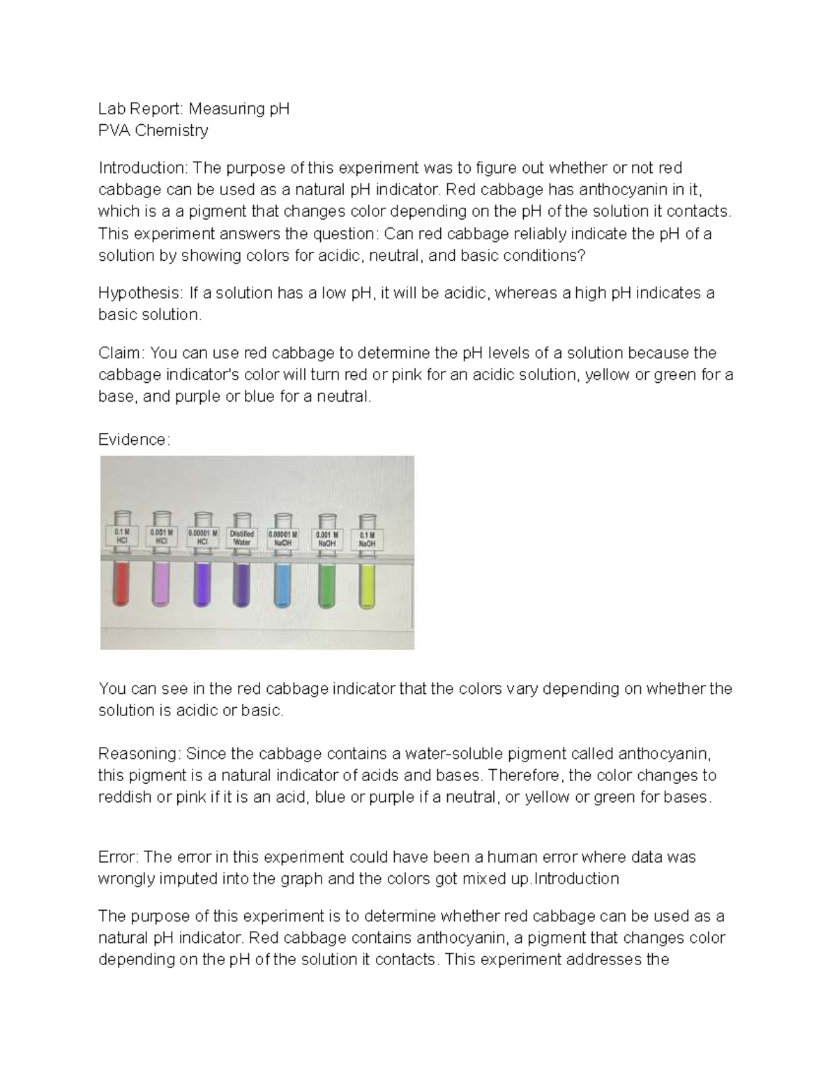 Lab Report Measuring p H - Lab Report: Measuring pH PVA Chemistry ...