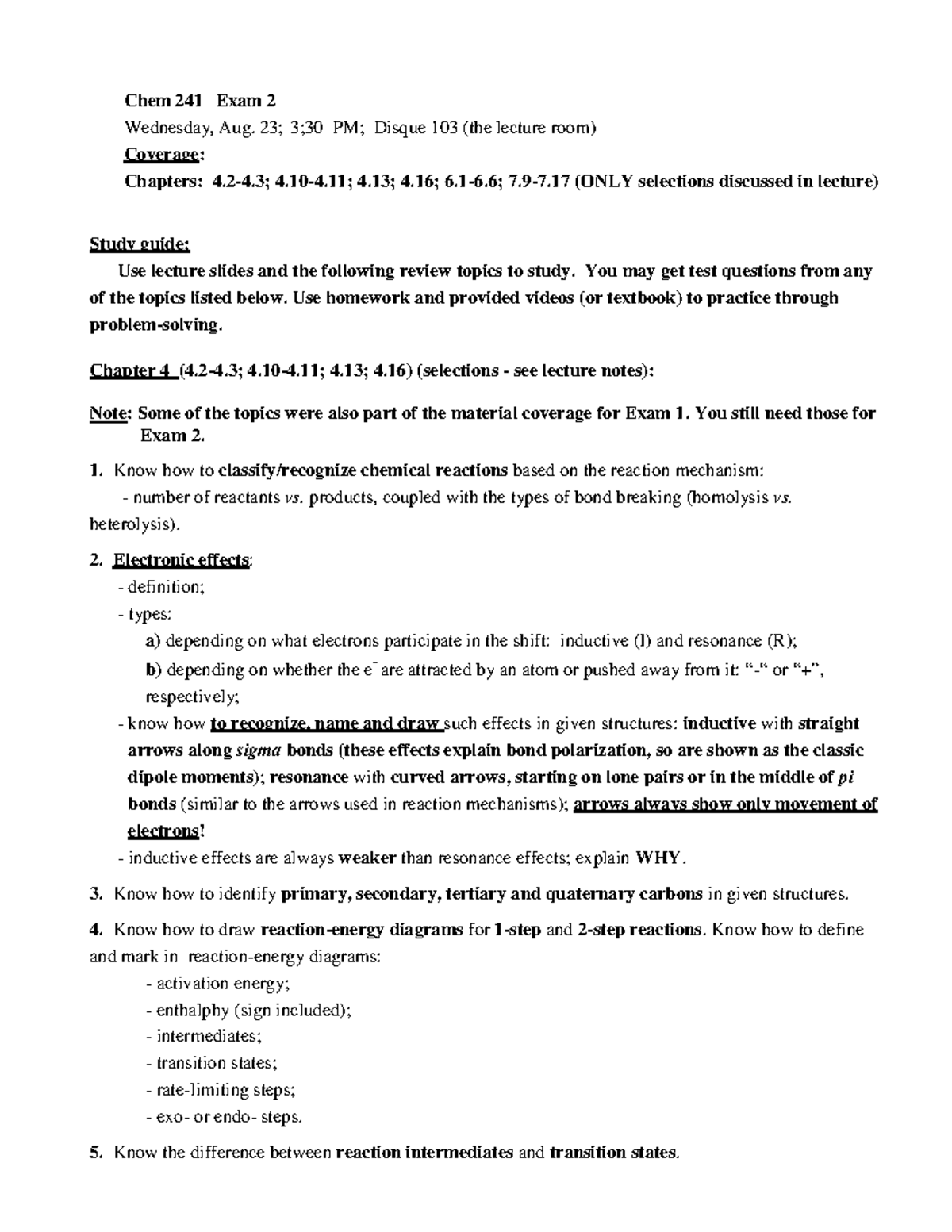 CHEM 241 - Exam 2 Review: Key Concepts and Topics Overview - Studocu