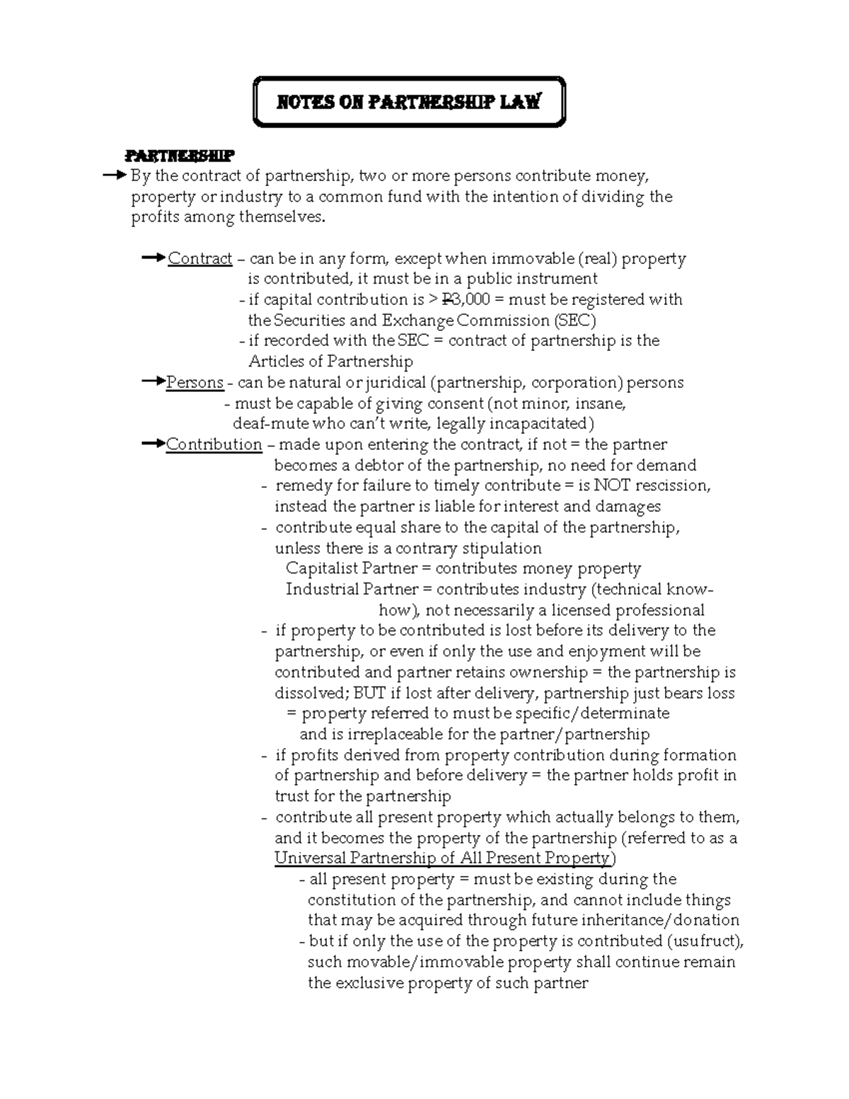 Partnership Law Notes (Course Code: LAW 101) - Studocu