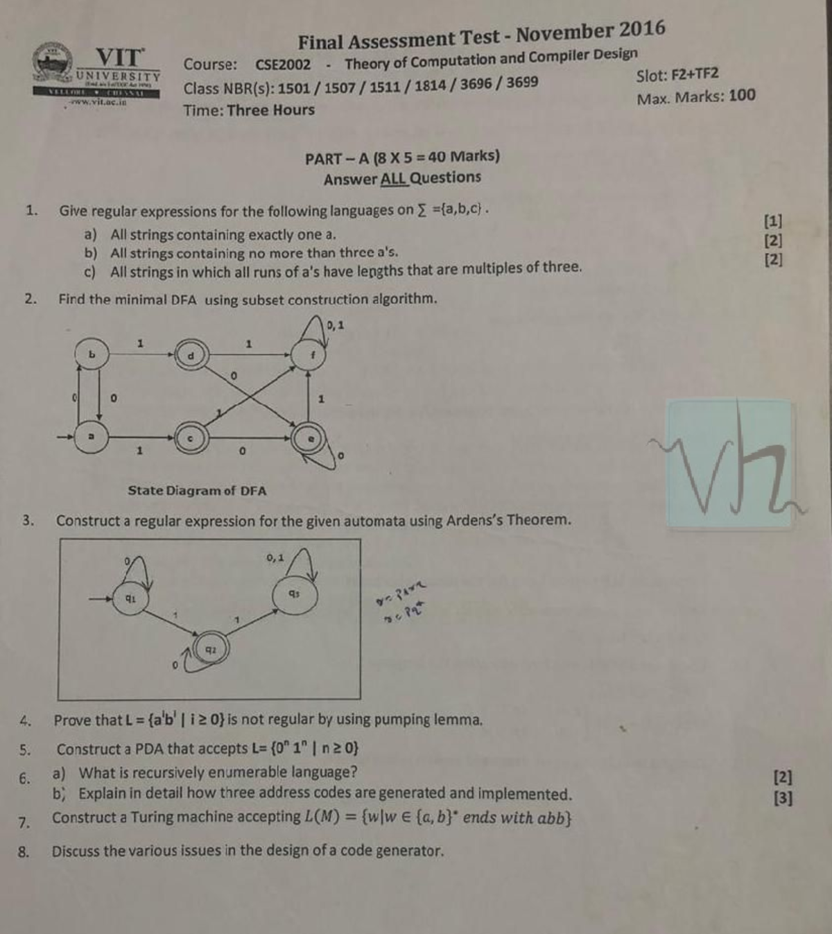 F Theory of Computation and Compiler Design CSE2002 F2 - Final ...