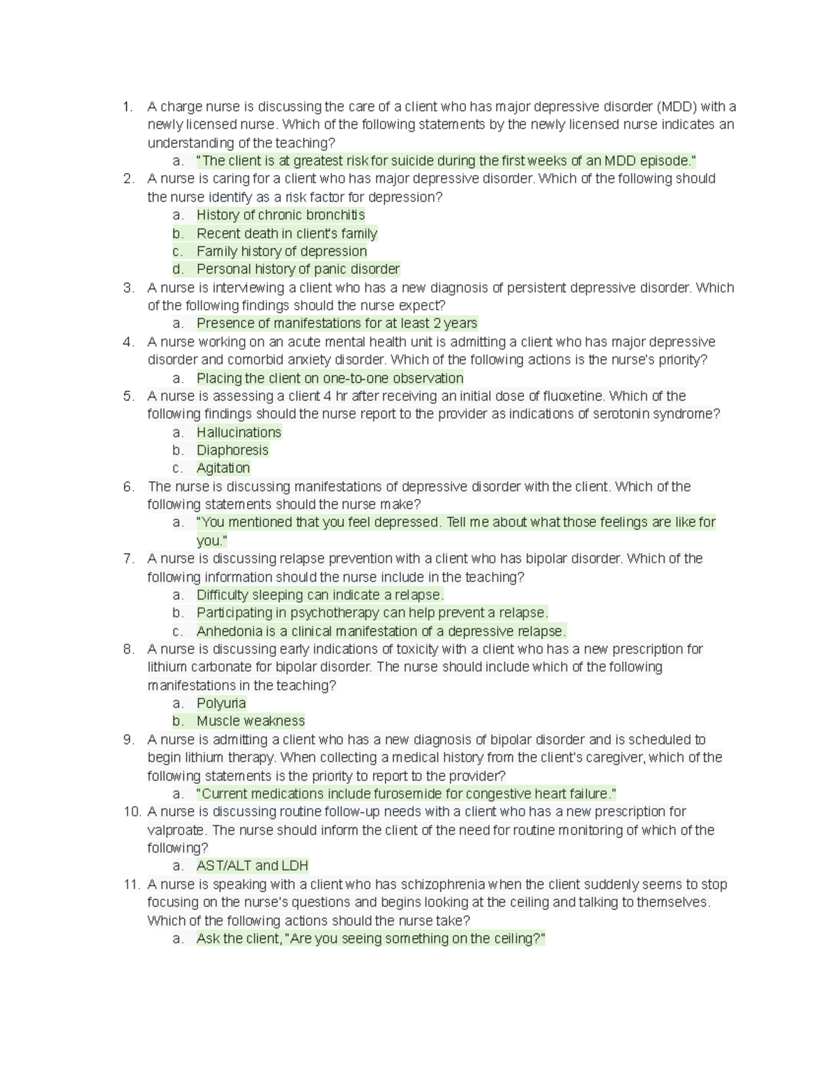 Psych Reviewer - Practice Questions for MDD & Bipolar Disorder - Studocu