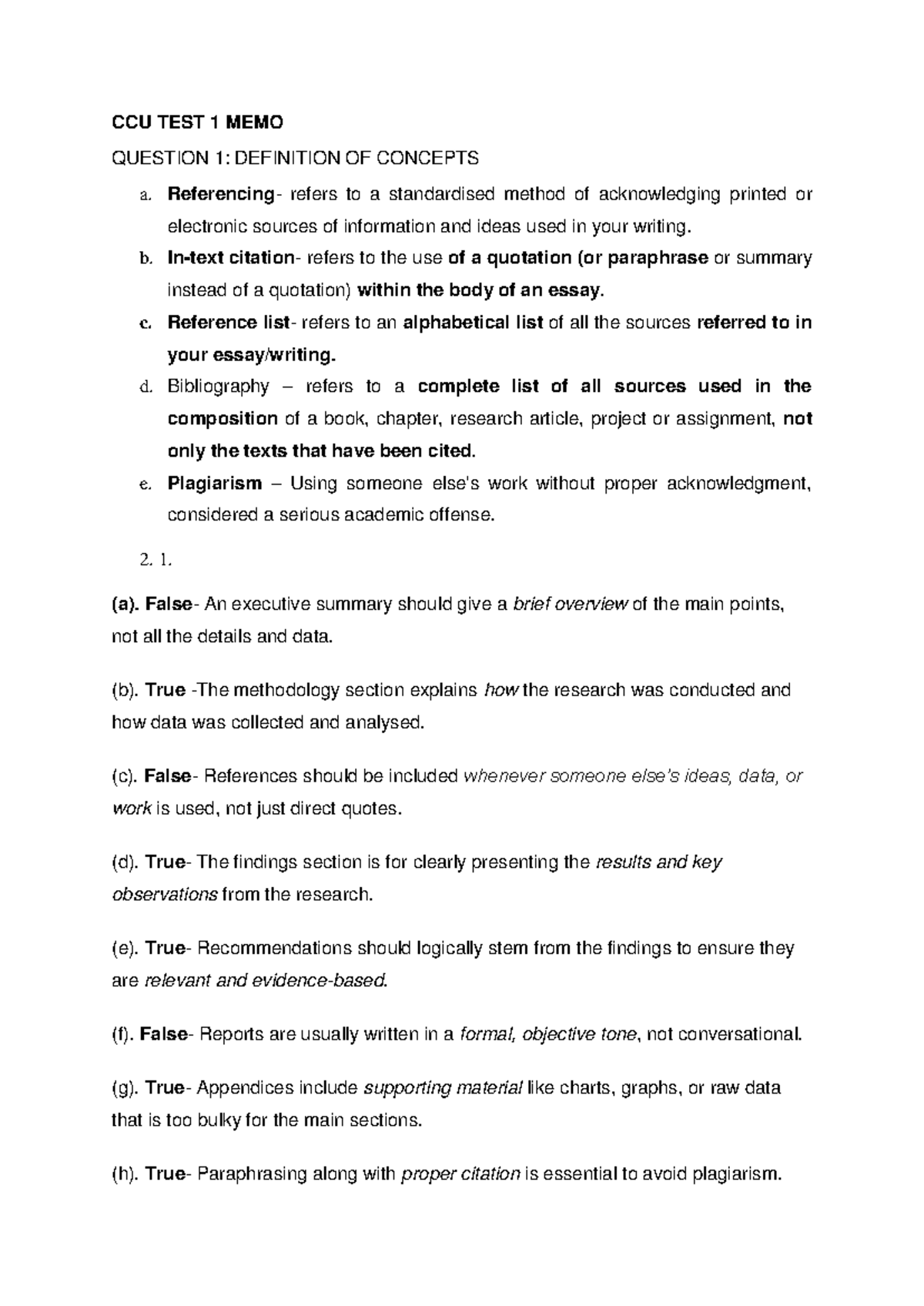 CCU TEST 1 MEMO: Concepts & Report Writing Overview - Studocu