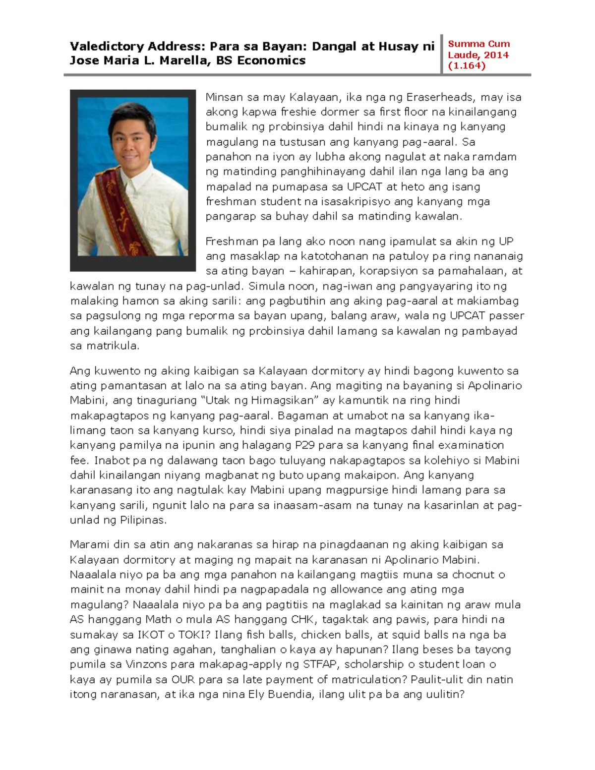 Valedictory Address sa Bayan: Dangal at Husay ni Jose Maria L. Marella - Document Preview