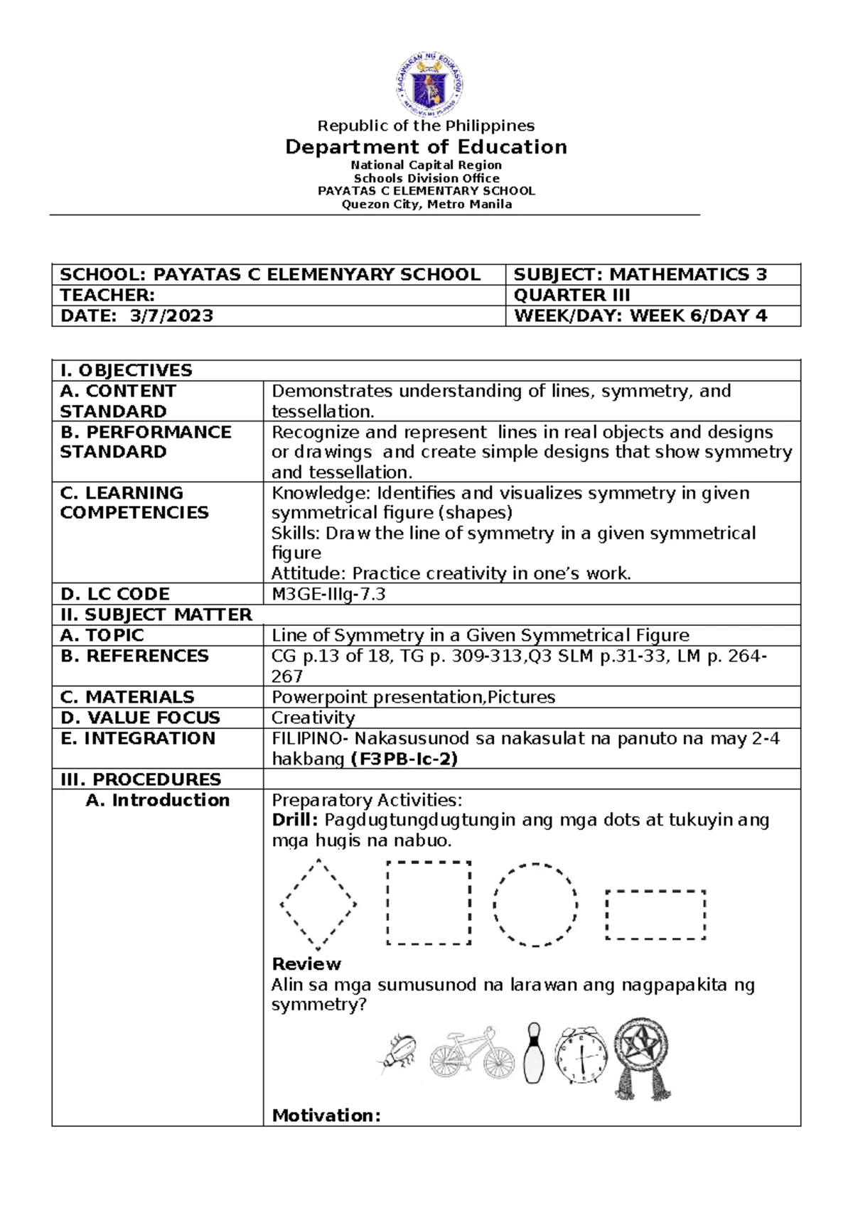 Mathematics 3 Lesson Plan: Week 6 Day 2 - Congruent Line Segments - Studocu