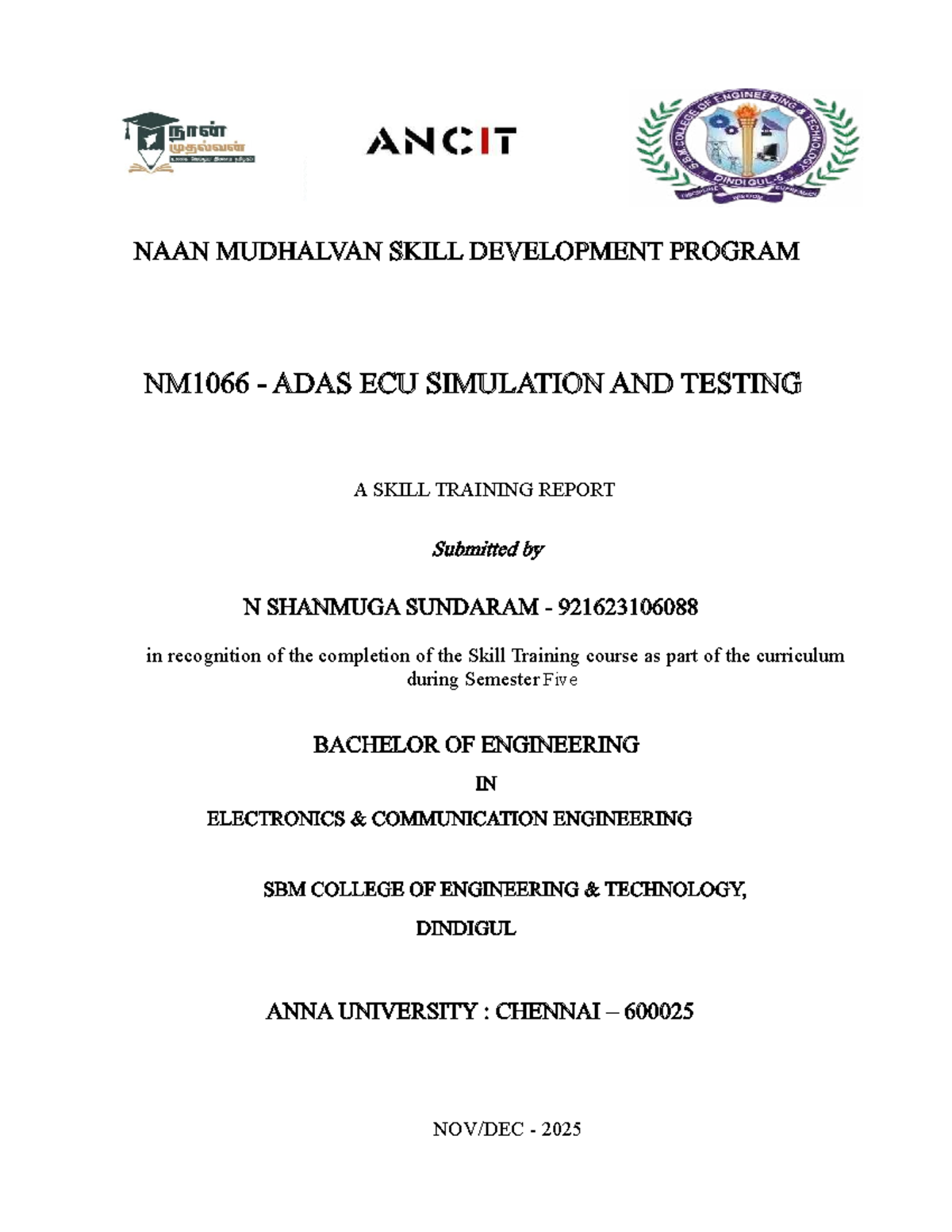 NM1066 Skill Development Report: ADAS ECU Simulation & Testing - Studocu