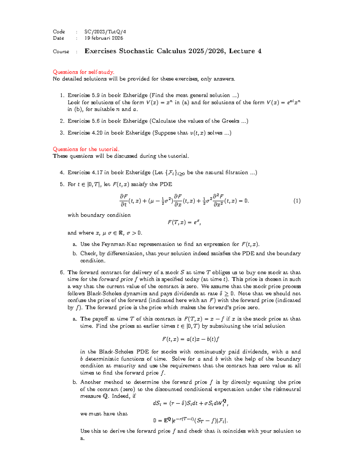 SC2026 Exercises: Stochastic Calculus Lecture 4 Questions - Studeersnel