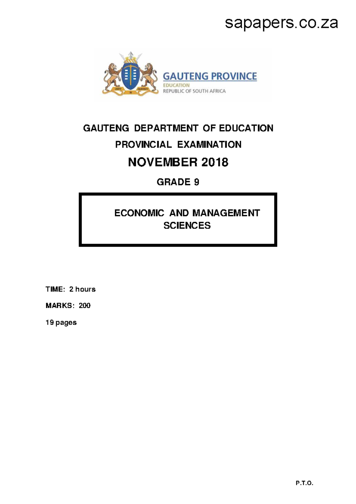 Gr9 EMS Nov 2018 Exam Paper: Economic & Management Sciences - Studocu