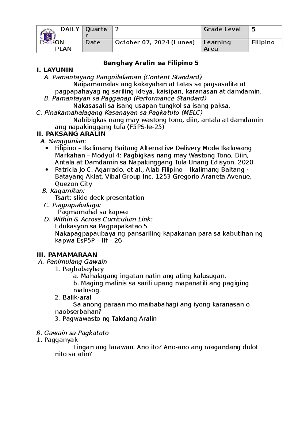 DAILY LESSON PLAN Filipino 5 Q2 W3: Pagsasalita at Pagbigkas ng Tula ...