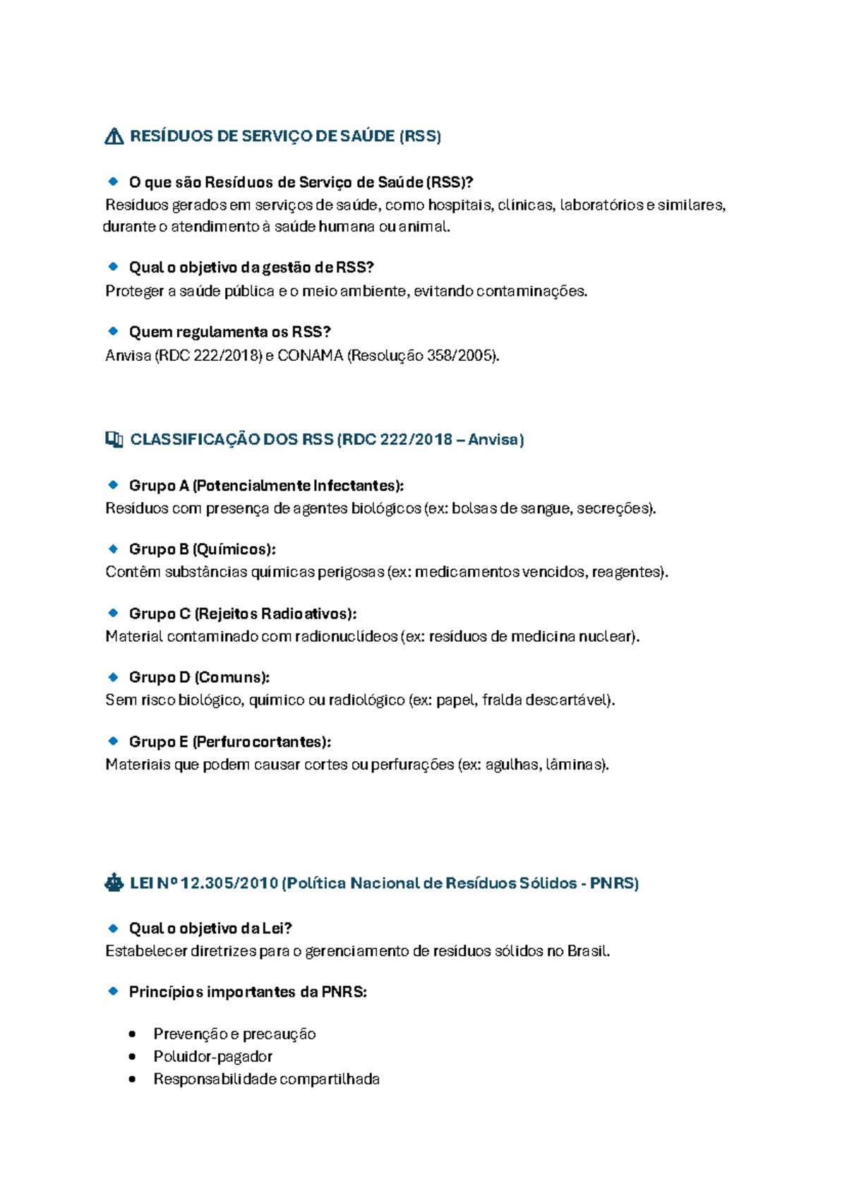 Resumo P2: Gestão de Resíduos de Serviço de Saúde (RSS) e Classificação ...