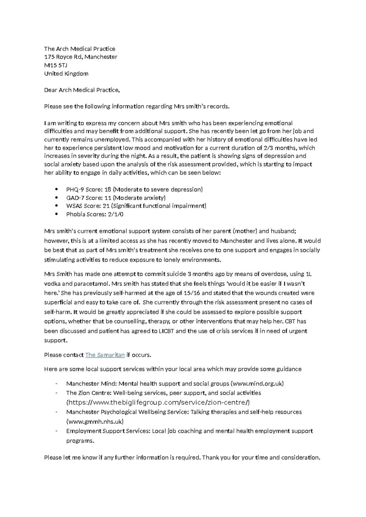 GP Letter: Support and Assessment Recommendations for Mrs. Smith - Studocu