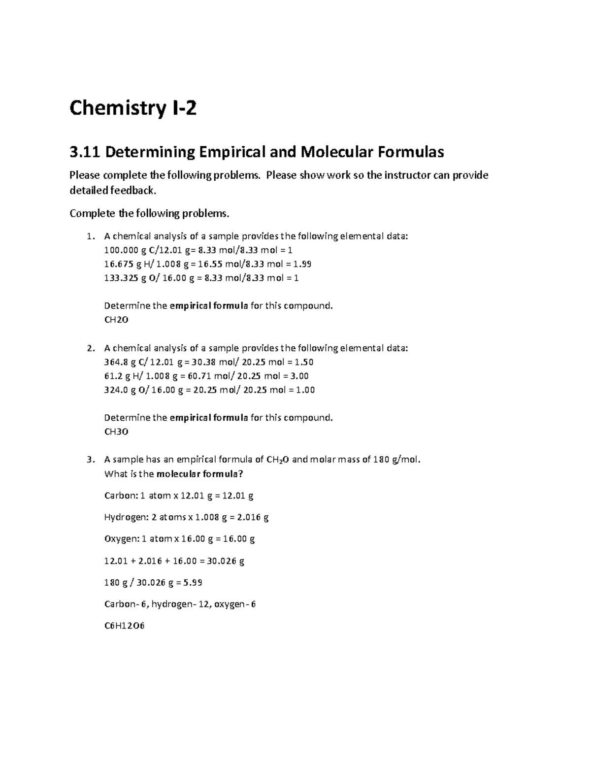 Chemistry I-2: Empirical & Molecular Formulas Problem Set - Studocu