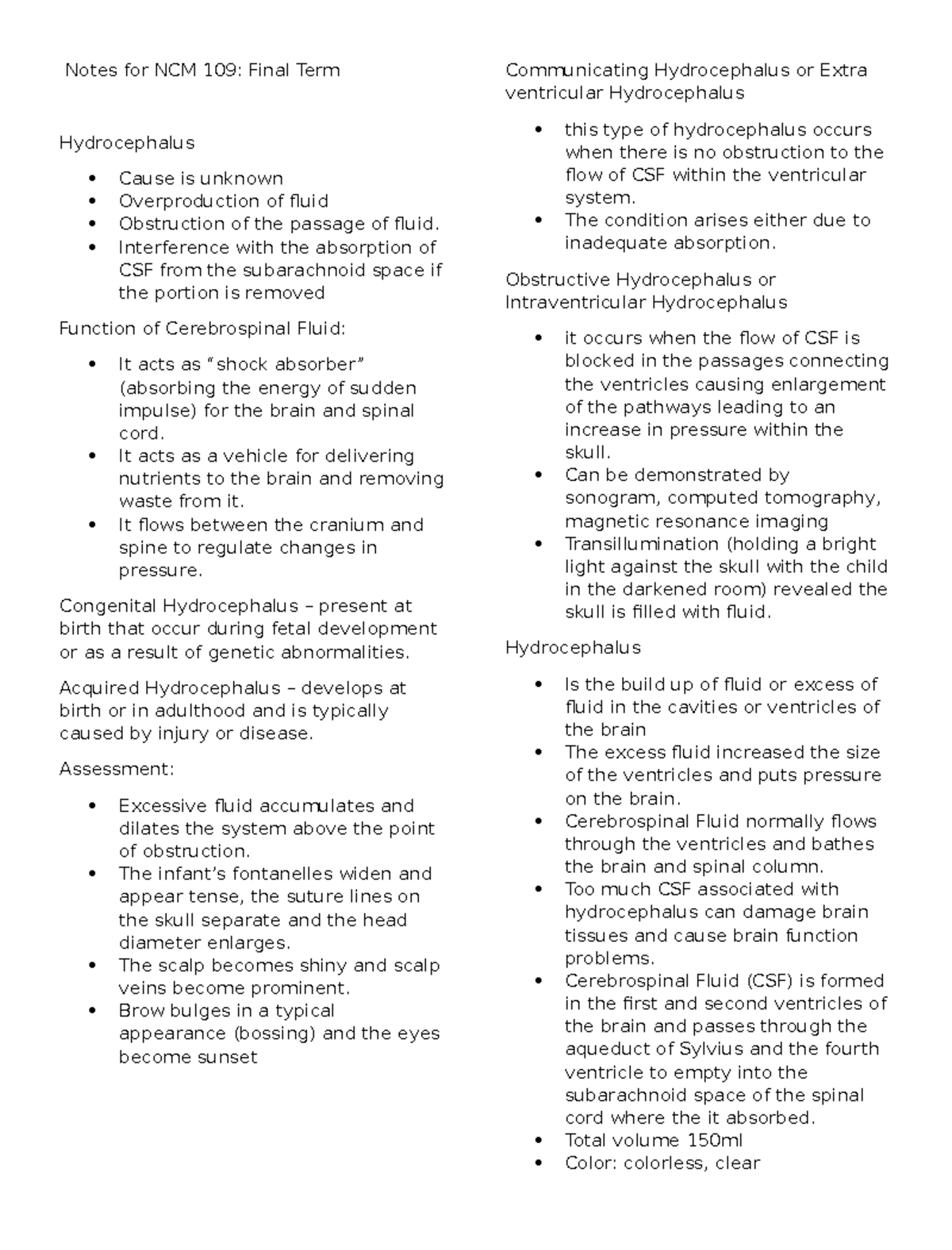 Final Term Notes on Hydrocephalus & Burns for NCM 109 - Studocu