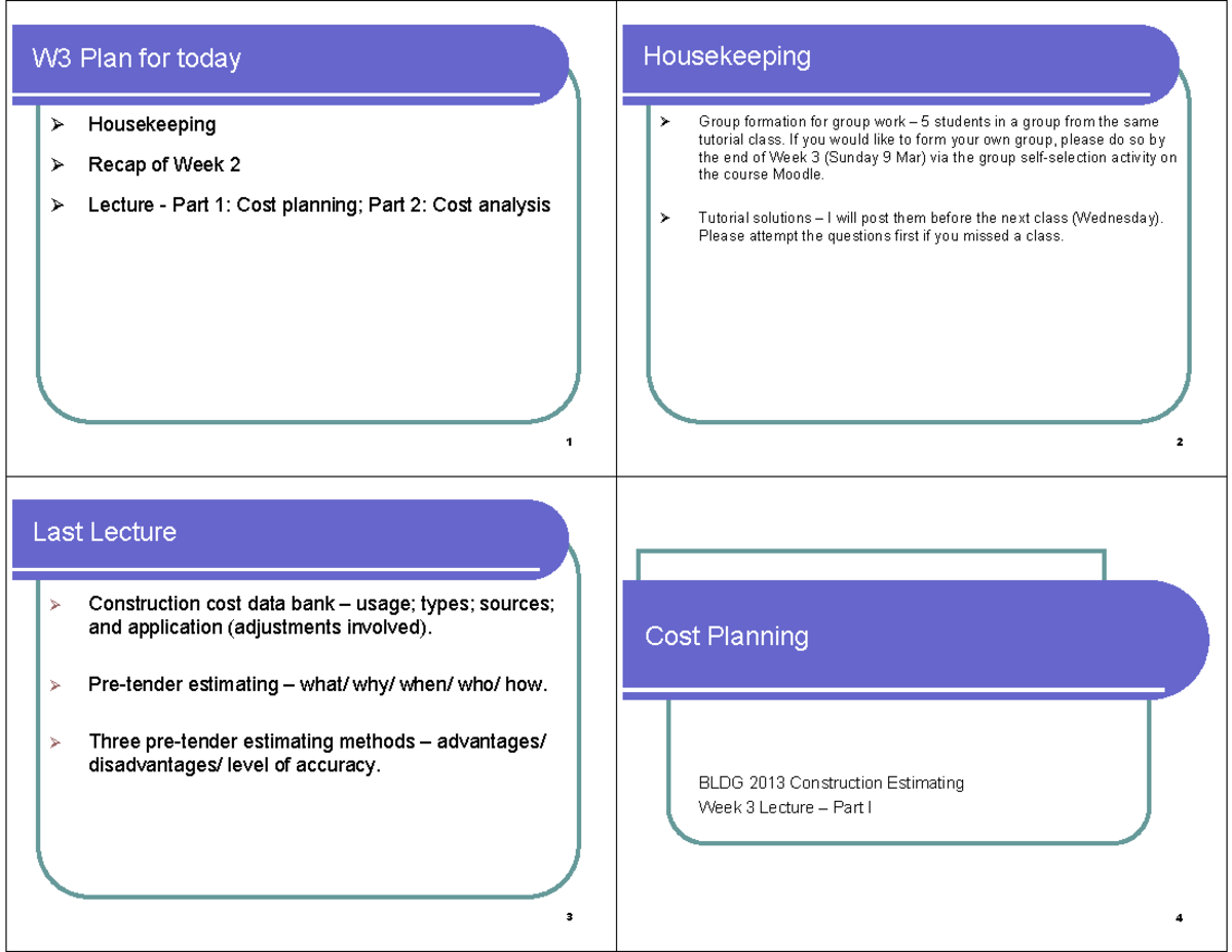 W3 BLDG 2013 Lecture 3: Cost Planning & Analysis Overview - Studocu