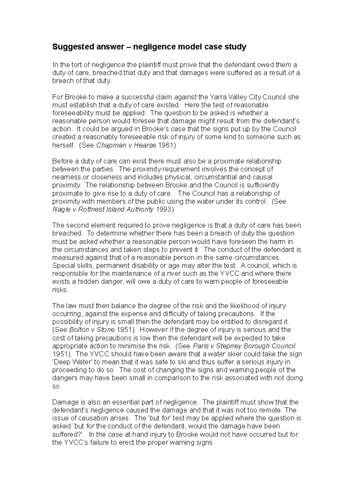 Negligence Analysis: YVCC Duty of Care Case Study (Law 101) - Studocu