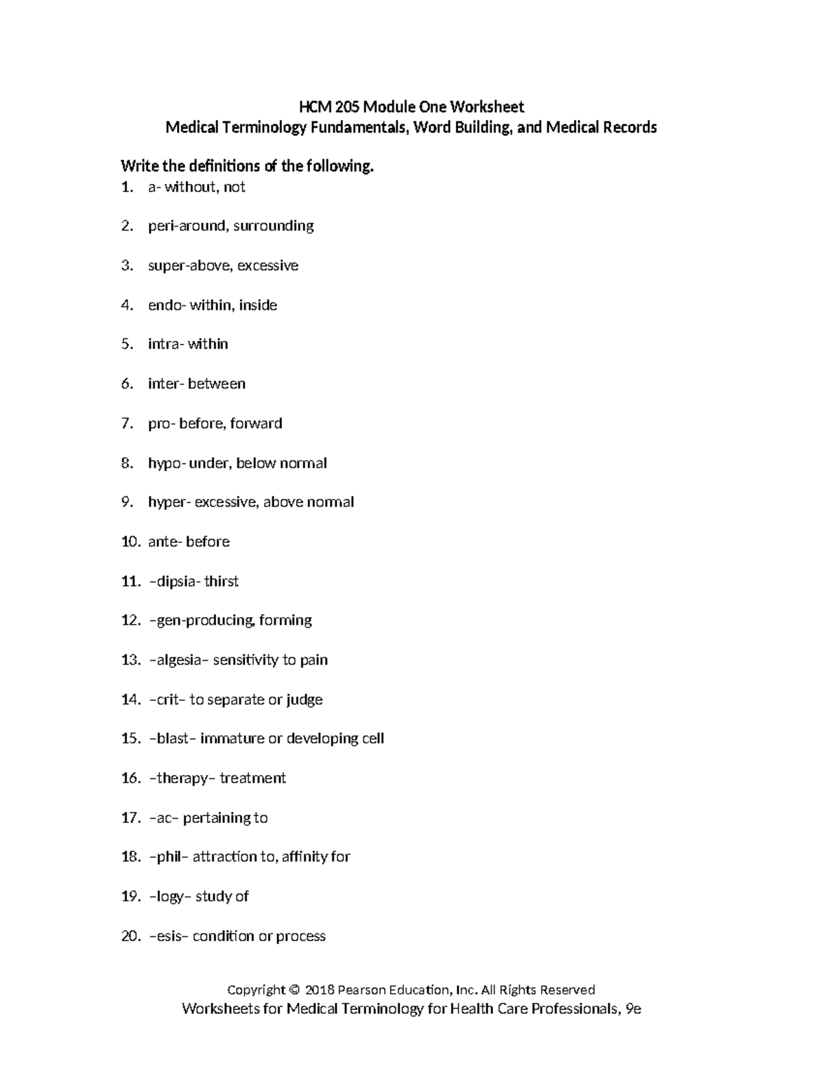 HCM 205 Module 1 Worksheet: Medical Terminology & Word Building - Studocu