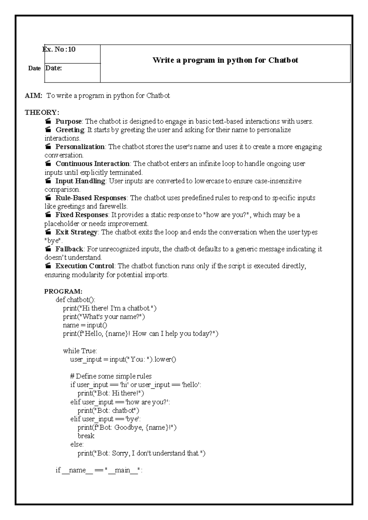 Exp 10 ai manual - data - Ex. No : Write a program in python for ...