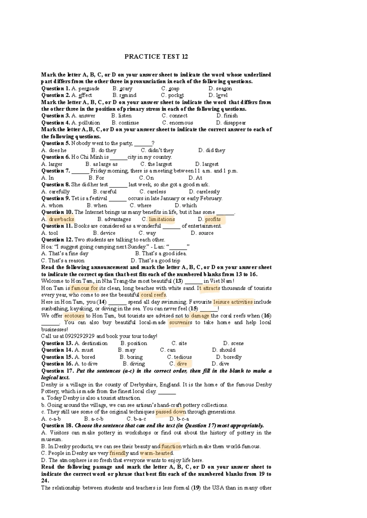 PRACTICE TEST 10: Pronunciation, Stress, and Comprehension Questions ...