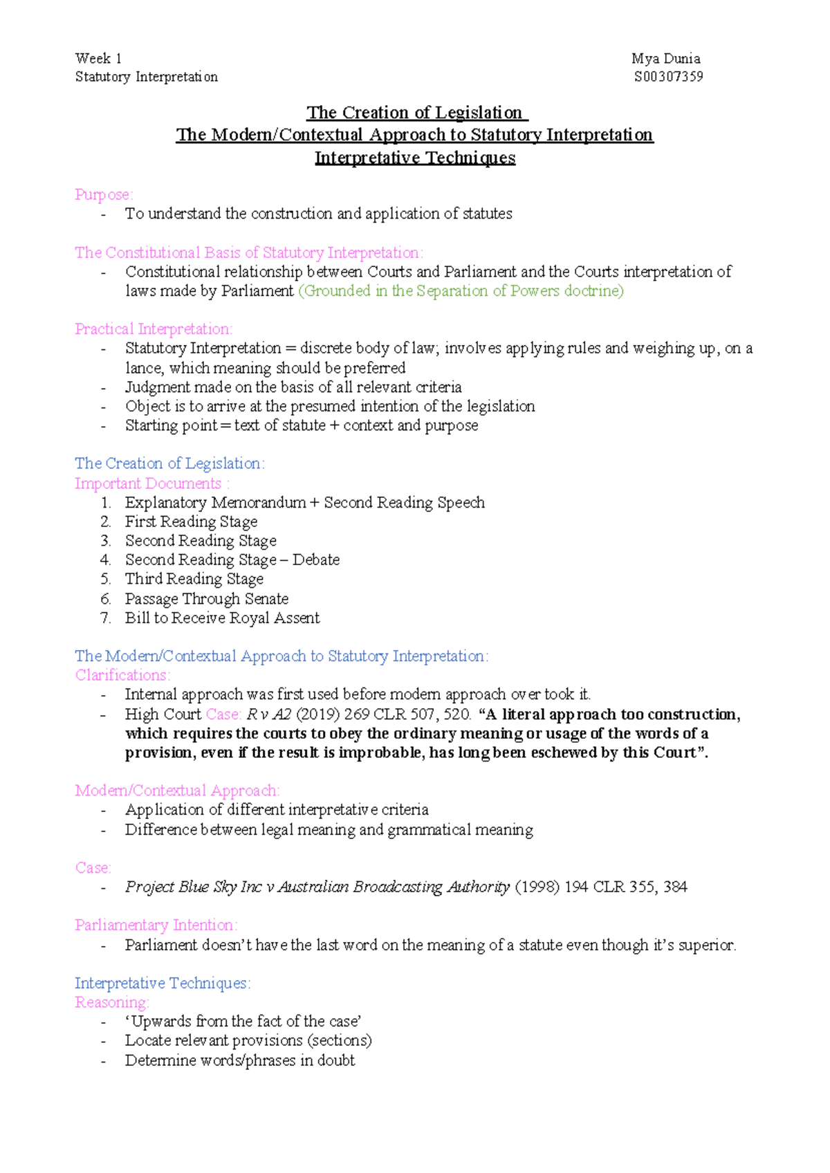 Notes WEEK 1 Statutory Interpretation - Week 1 Mya Dunia Statutory ...