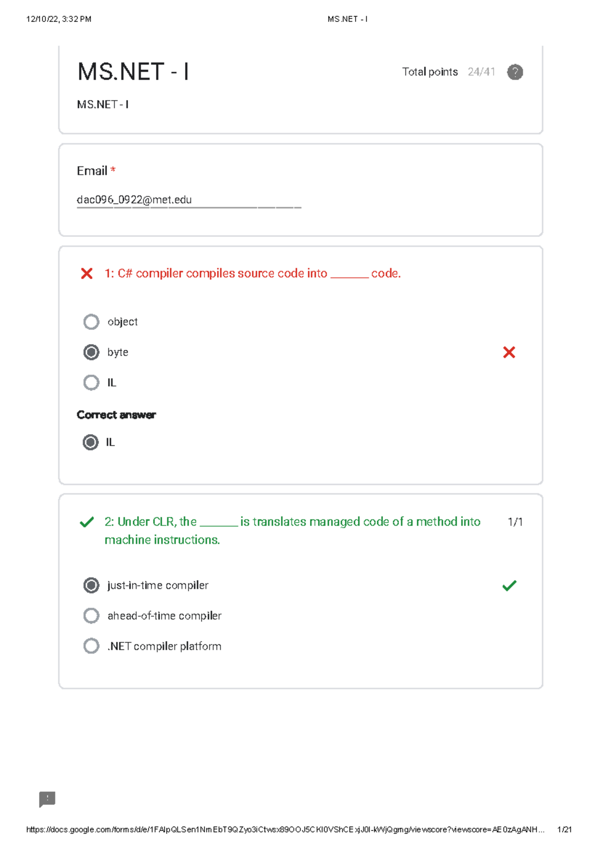 MS.NET I Quiz: Key Concepts and Compiler Insights - Studocu