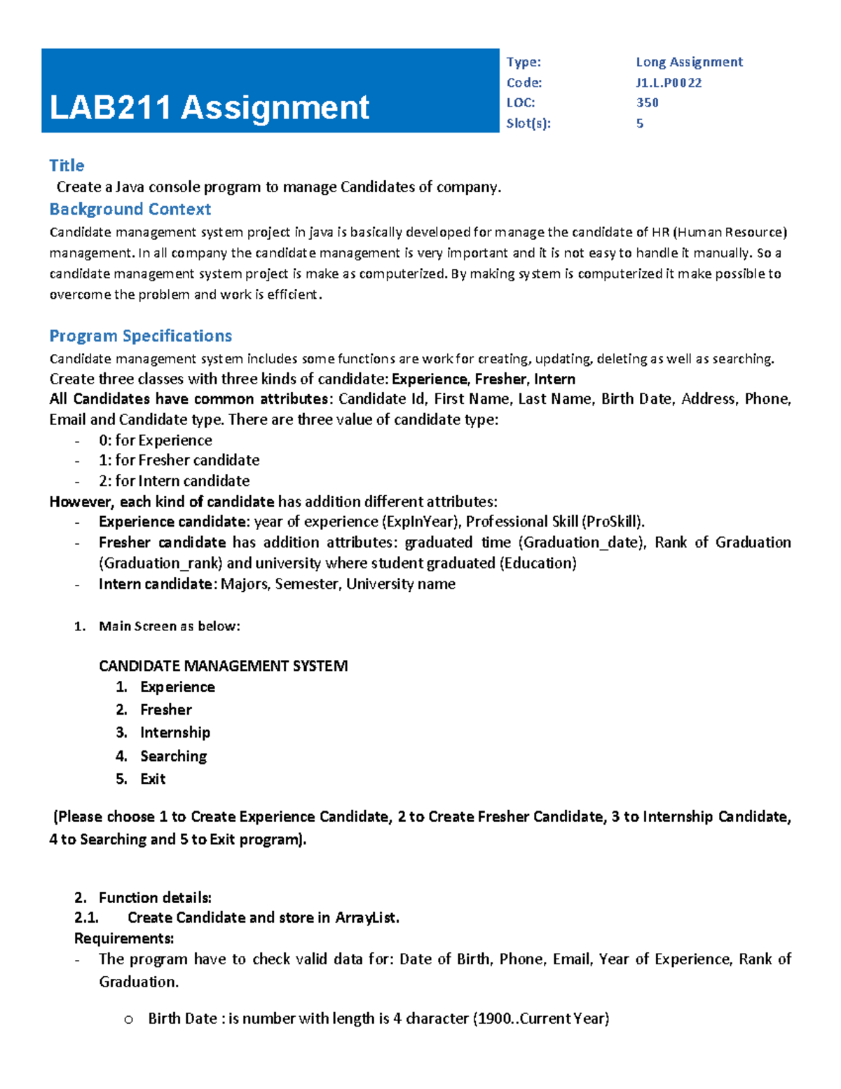 LAB211 Long Assignment: Java Candidate Management System - Studocu