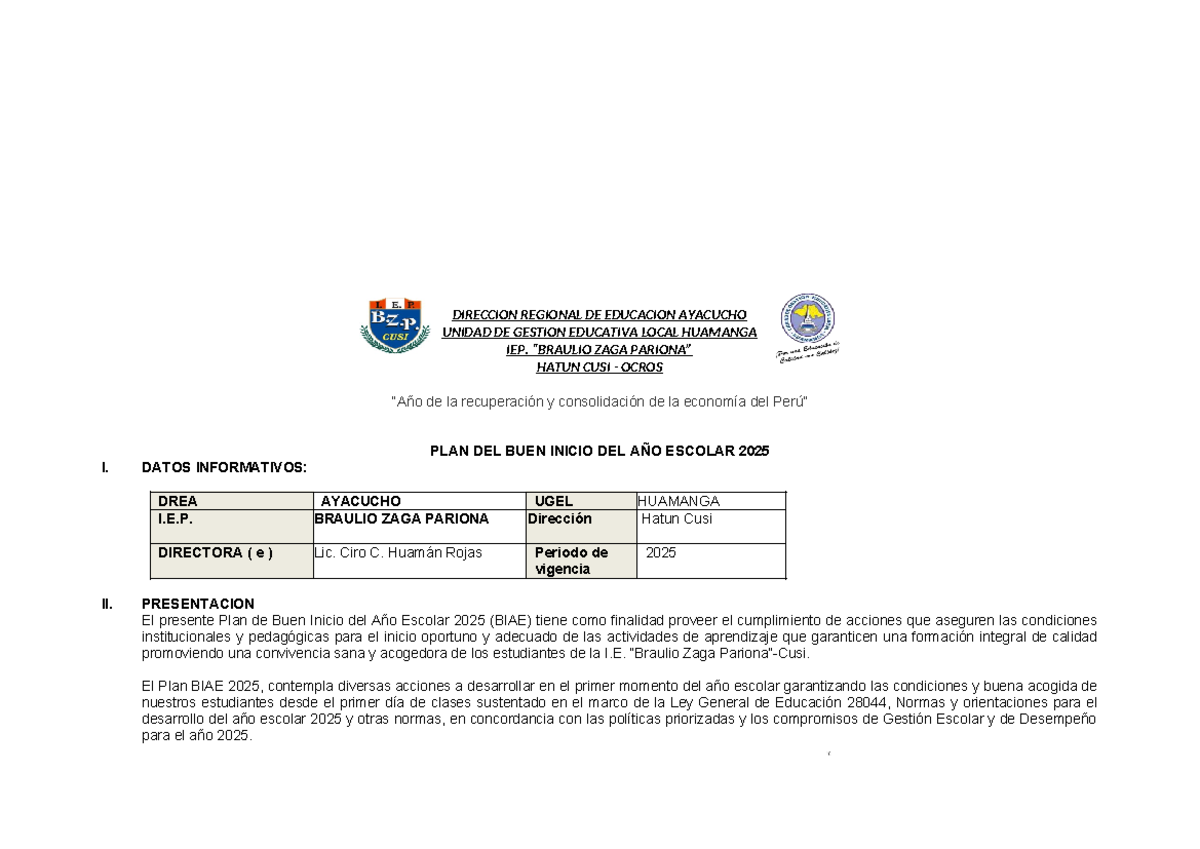 BIAE 2025 - Plan de Buen Inicio del Año Escolar en la IEP Braulio Zaga ...