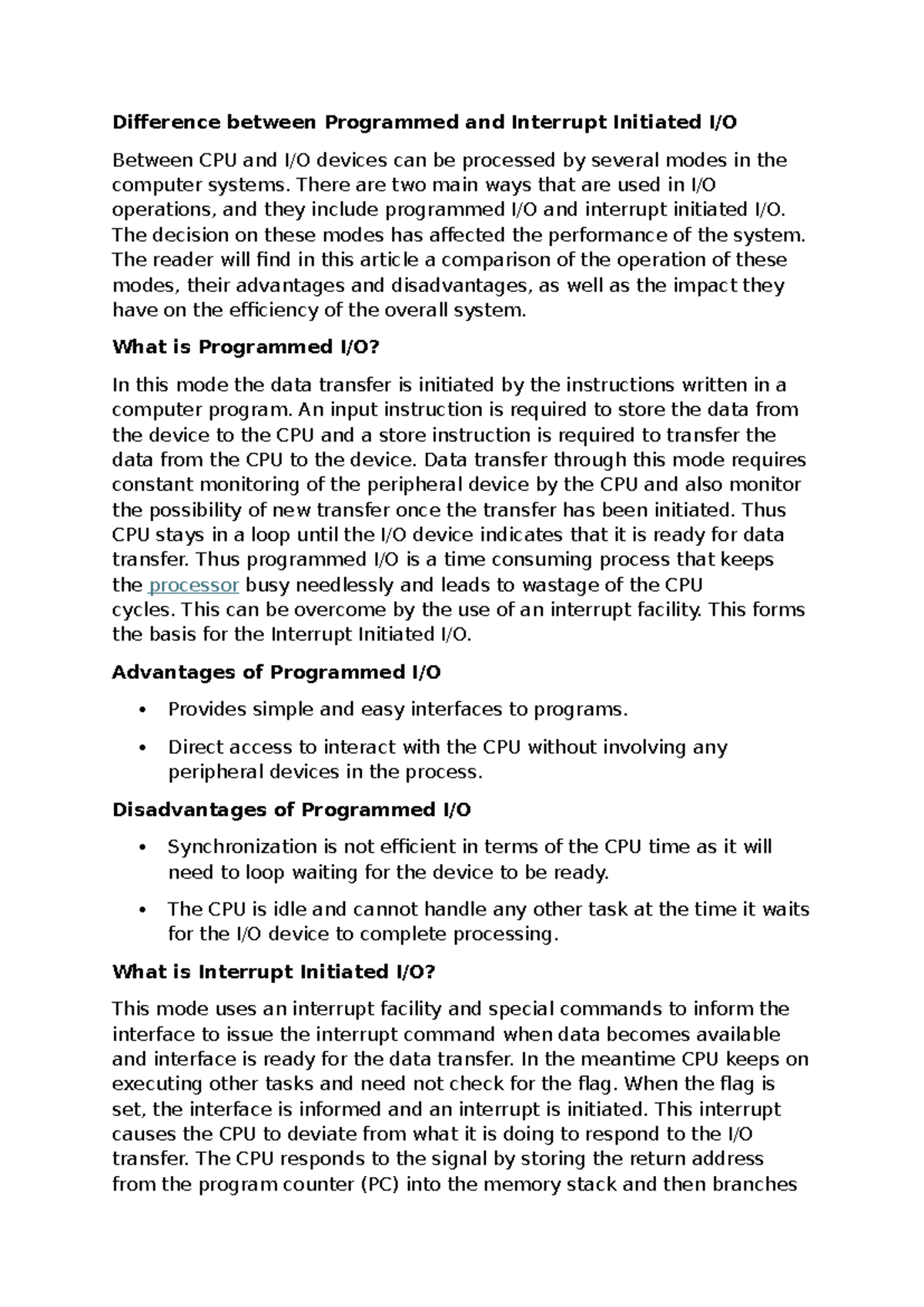 Difference Between Programmed and Interrupt Initiated I/O Operations ...