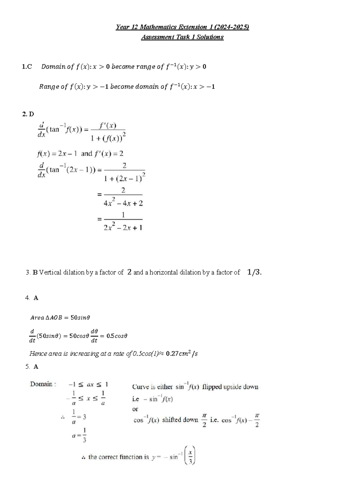 Year 12 Mathematics Extension 1 Task 1 Solutions - Year 12 Mathematics ...