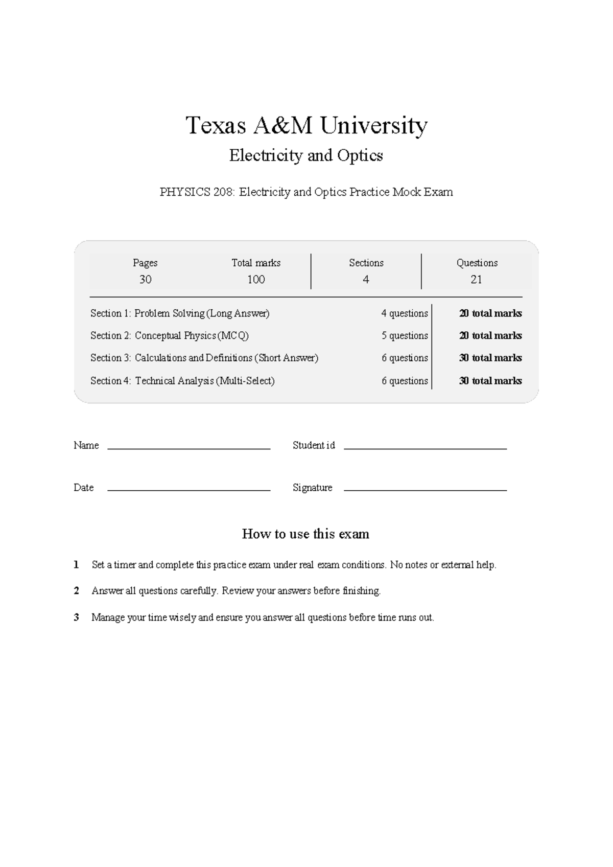 PHYS 208: Electricity and Optics Practice Mock Exam 2026 - Studocu