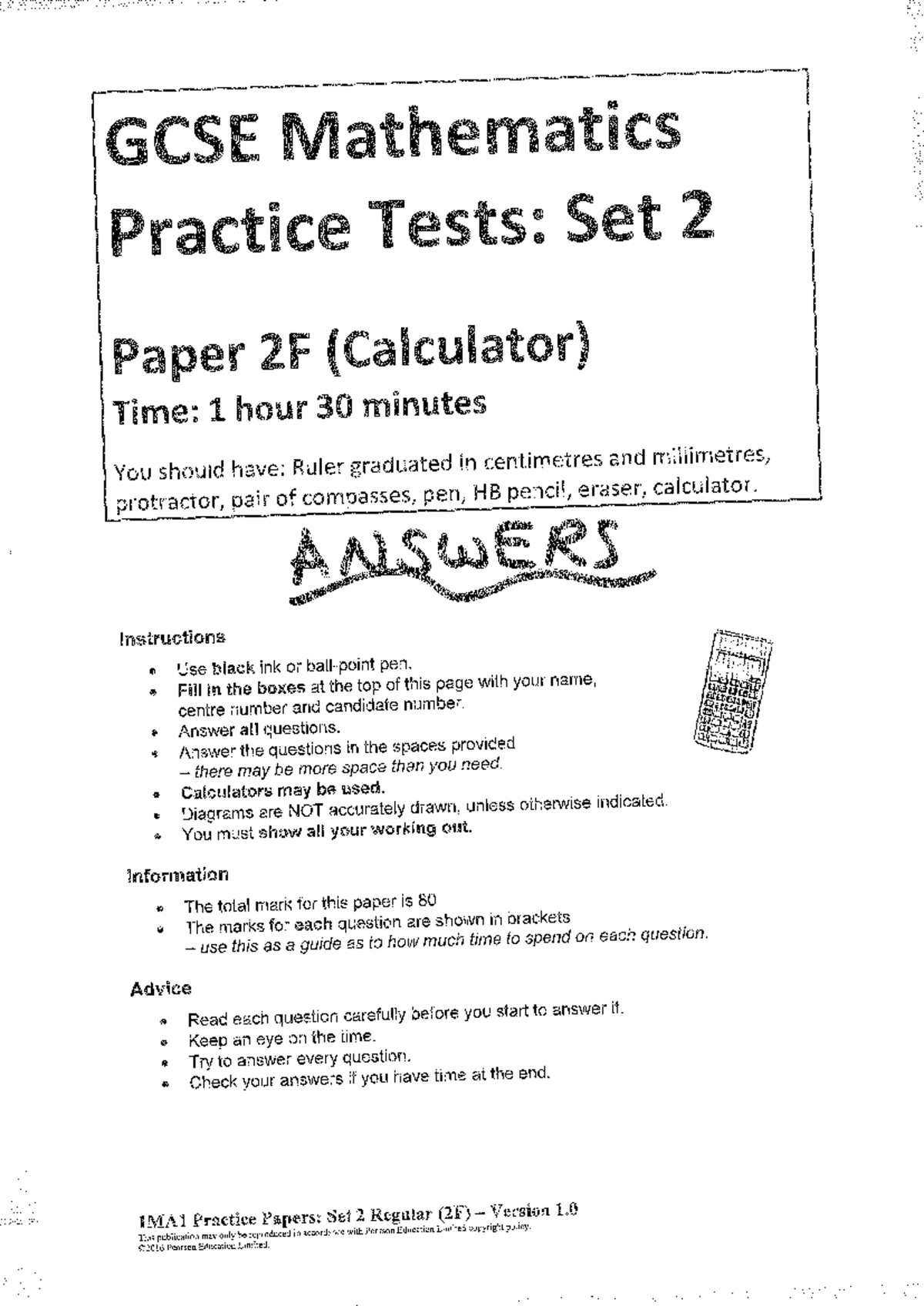 GCSE Maths Practice Tests: Set 2 Paper 2F (Calculator) Solutions - Studocu