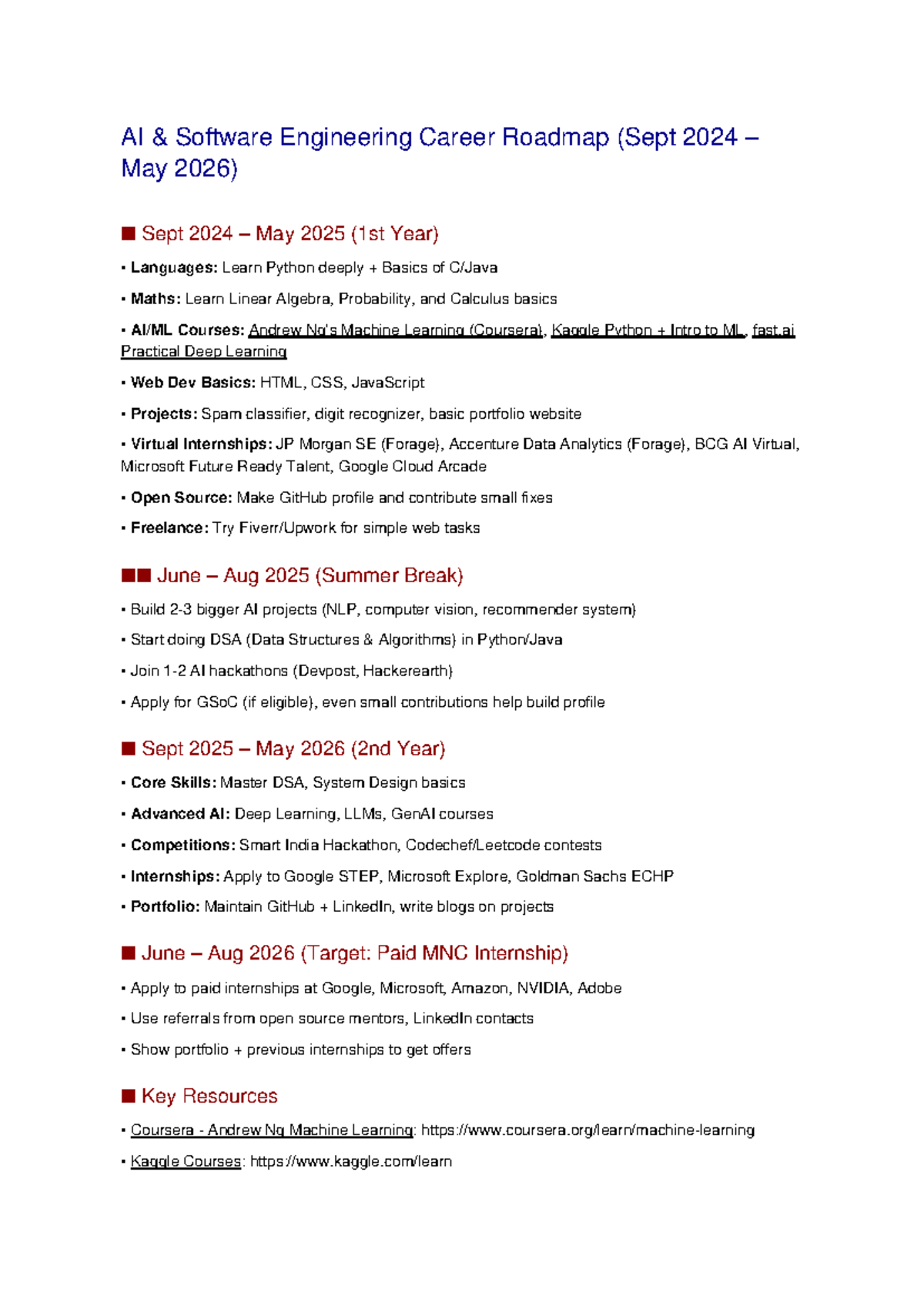 AI Software Engineering Career Roadmap (Sept 2024 - May 2026) - Studocu