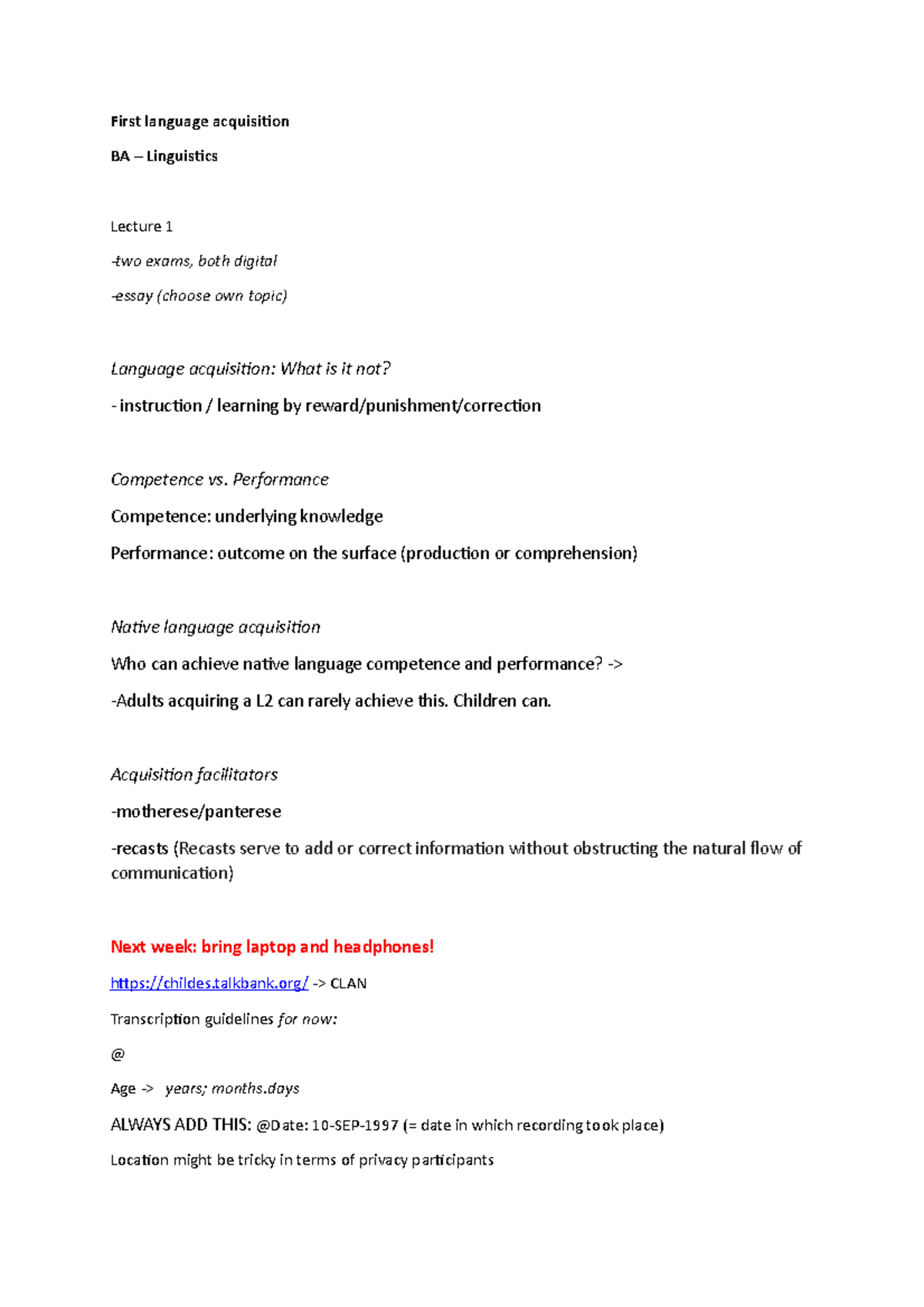 First Language Acquisition BA Linguistics Lecture Notes - Studeersnel