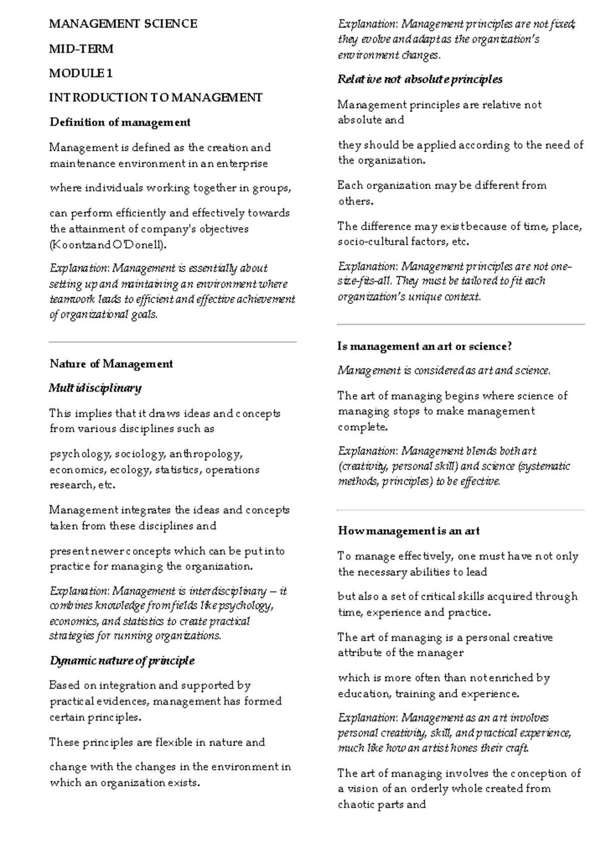 MANAGEMENT SCIENCE MODULE 1: INTRODUCTION TO MANAGEMENT PRINCIPLES ...
