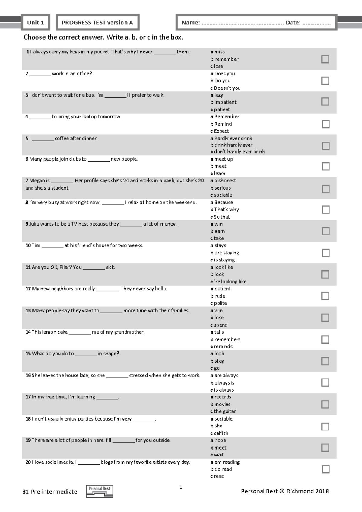 PB Am E B1 Unit Test U1 Progress Test Version A - Studocu